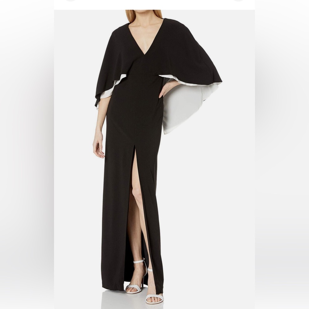 Halston Heritage Colorblock V-neck Cape Evening Gown